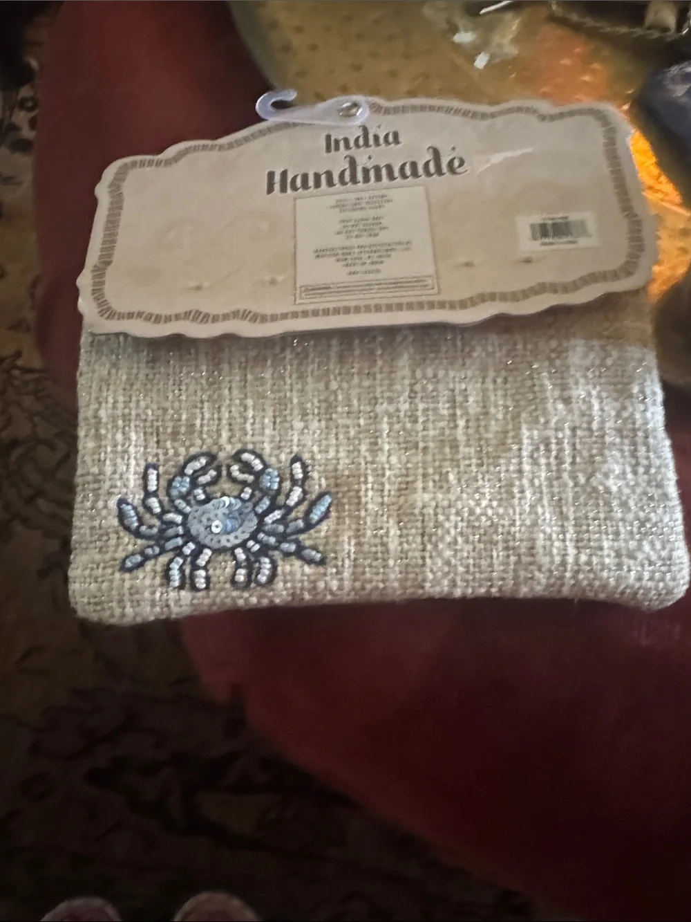 Handmade Beige Sequin Crab Embellished Clutch Wristlet